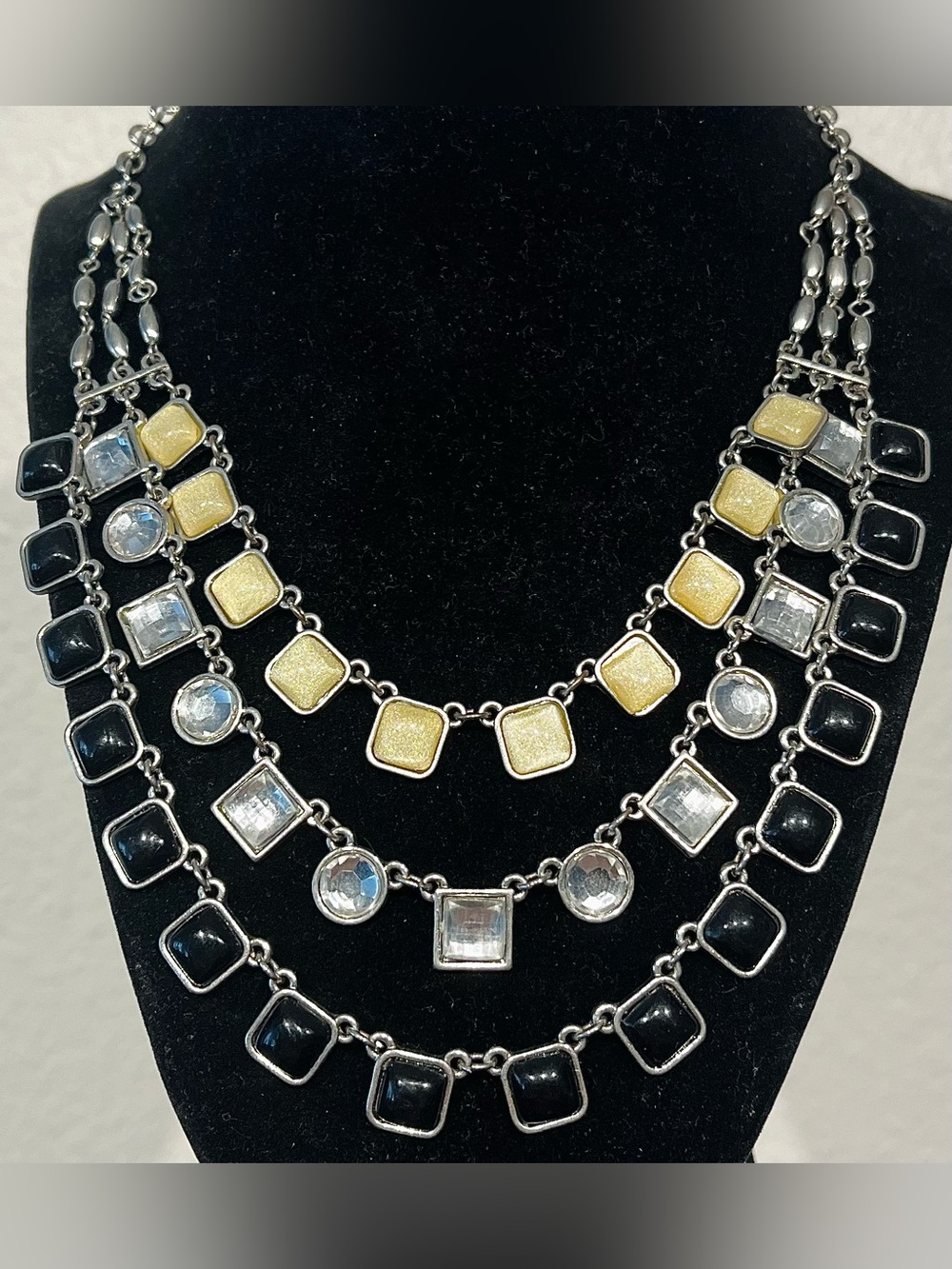 Vintage Layered Silver Necklace with Yellow and Black Accents